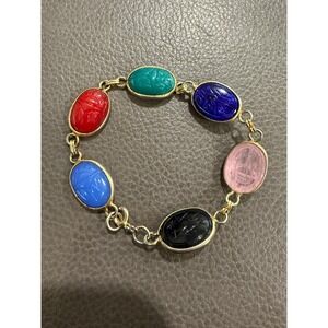 Multicolor Scarab Beetle Gemstone Charm Bracelet Gold Tone